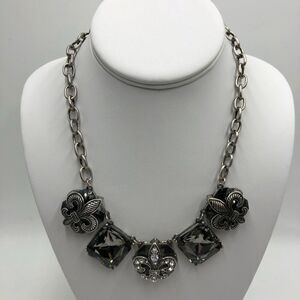 Vintage VCLM Women's Statement Necklace Fleur De Lys Rhinestones Silvertone